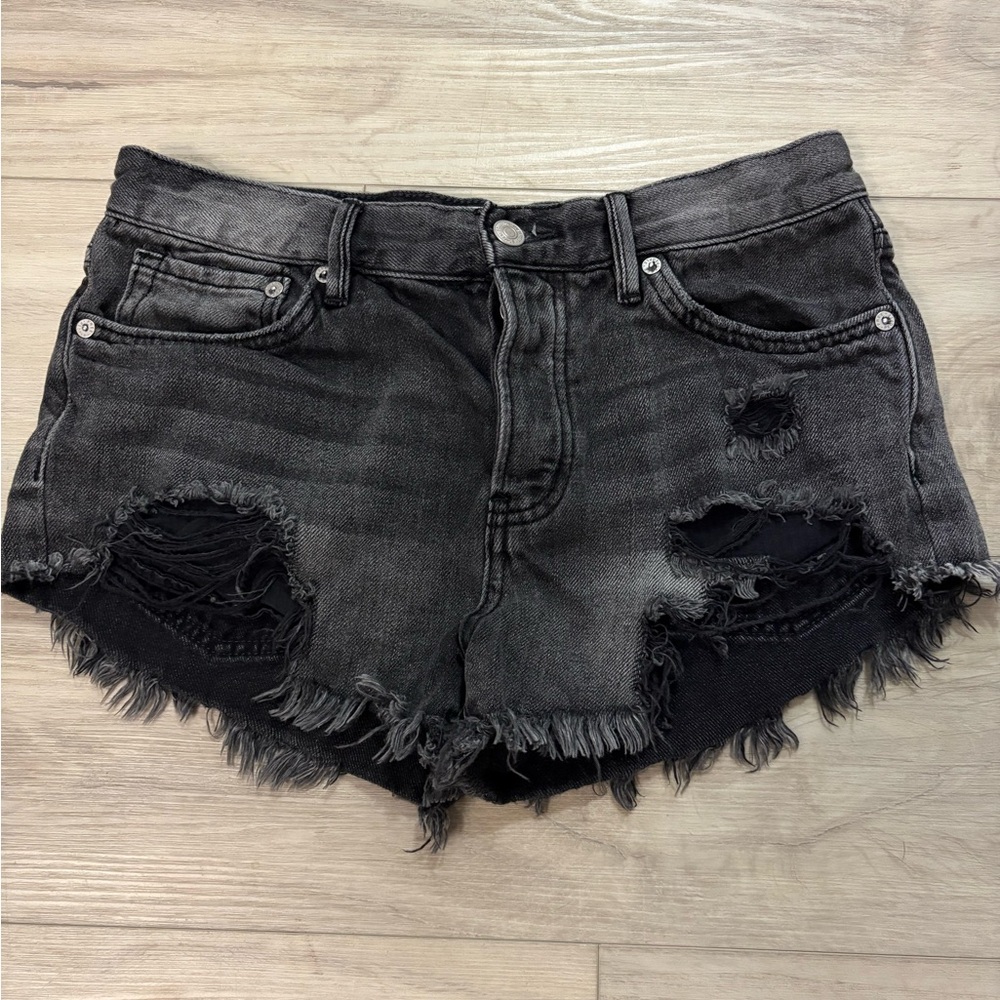 Free People We The Free Distressed Black Denim Shorts